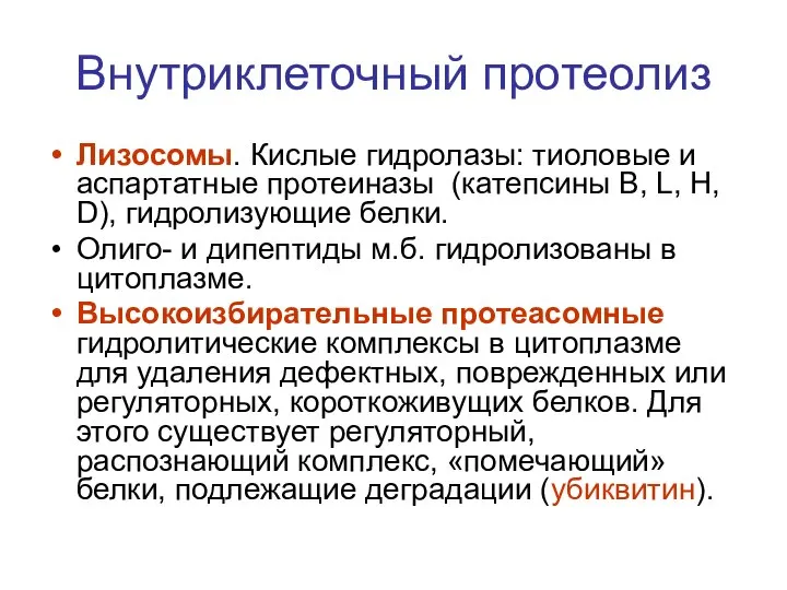 Внутриклеточный протеолиз Лизосомы. Кислые гидролазы: тиоловые и аспартатные протеиназы (катепсины В,