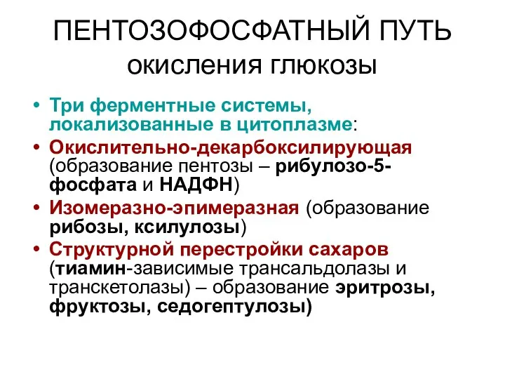 ПЕНТОЗОФОСФАТНЫЙ ПУТЬ окисления глюкозы Три ферментные системы, локализованные в цитоплазме: Окислительно-декарбоксилирующая