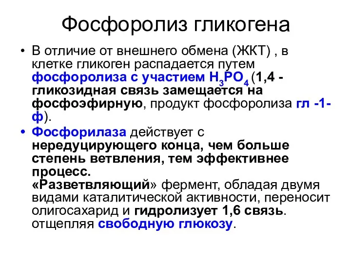 Фосфоролиз гликогена В отличие от внешнего обмена (ЖКТ) , в клетке