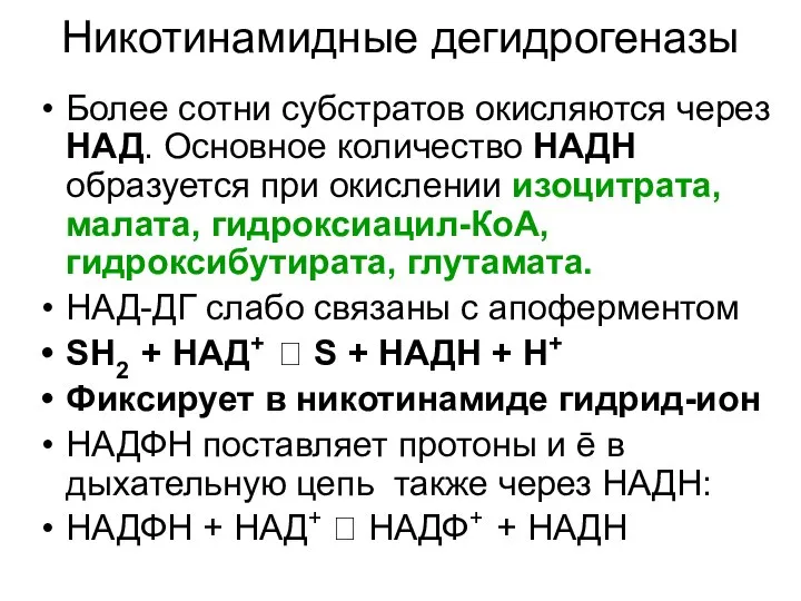 Никотинамидные дегидрогеназы Более сотни субстратов окисляются через НАД. Основное количество НАДН