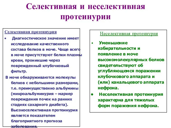 Селективная и неселективная протеинурии Селективная протеинурия Диагностическое значение имеет исследование качественного