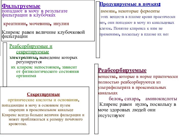 Фильтруемые попадают в мочу в результате фильтрации в клубочках креатинин, мочевина,