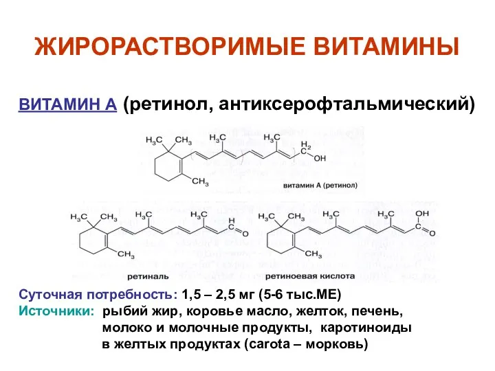 ЖИРОРАСТВОРИМЫЕ ВИТАМИНЫ ВИТАМИН А (ретинол, антиксерофтальмический) Суточная потребность: 1,5 – 2,5