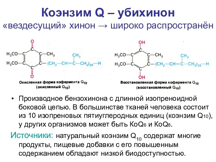 Коэнзим Q – убихинон «вездесущий» хинон → широко распространён Производное бензохинона