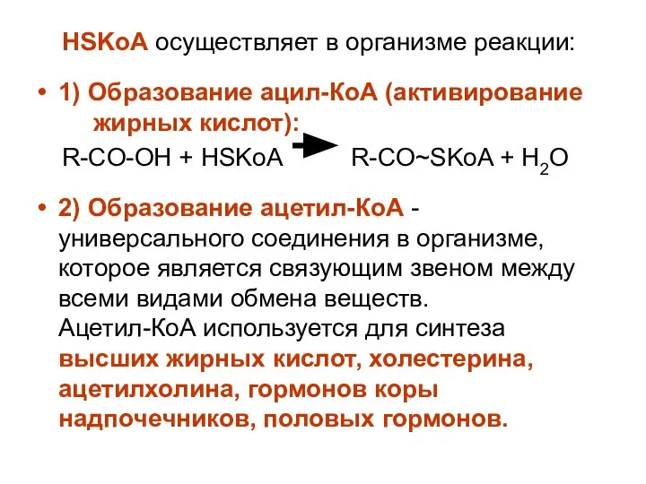 HSKoA осуществляет в организме реакции: 1) Образование ацил-КоА (активирование жирных кислот):