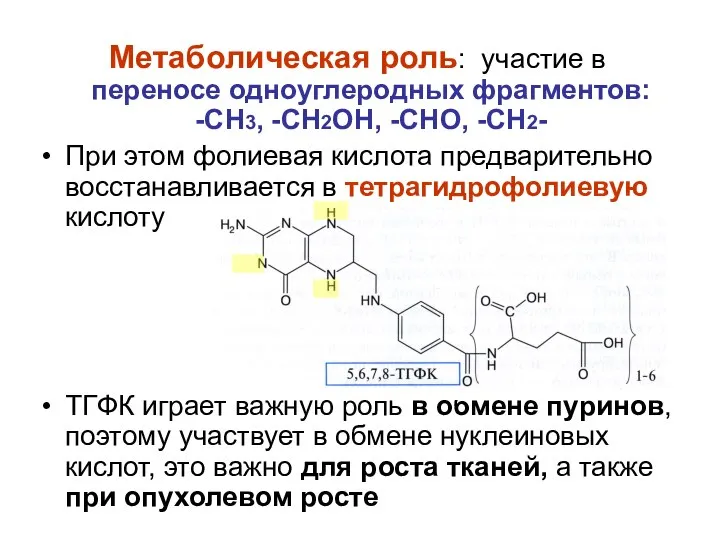 Метаболическая роль: участие в переносе одноуглеродных фрагментов: -СН3, -СН2ОН, -СНО, -СН2-