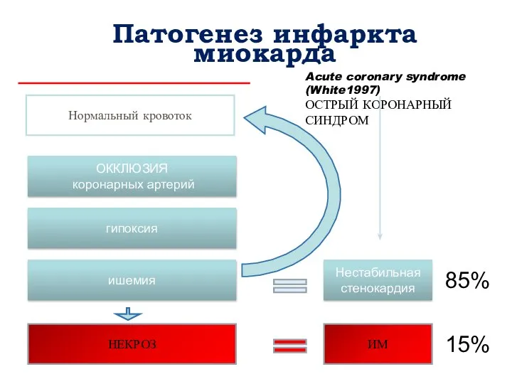 Патогенез инфаркта миокарда Нормальный кровоток ОККЛЮЗИЯ коронарных артерий гипоксия ишемия НЕКРОЗ