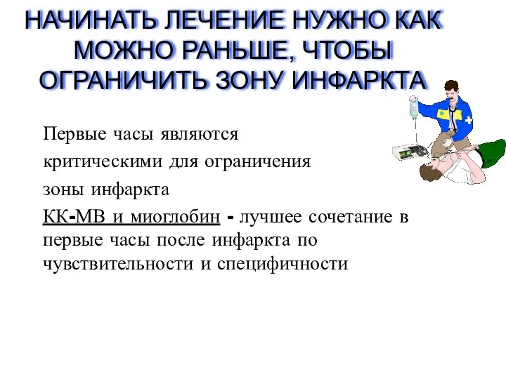 НАЧИНАТЬ ЛЕЧЕНИЕ НУЖНО КАК МОЖНО РАНЬШЕ, ЧТОБЫ ОГРАНИЧИТЬ ЗОНУ ИНФАРКТА Первые