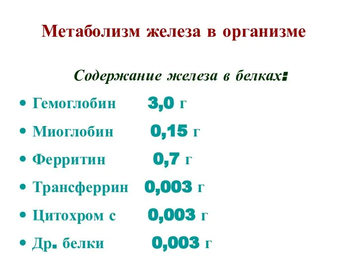 Метаболизм железа в организме Содержание железа в белках: Гемоглобин 3,0 г