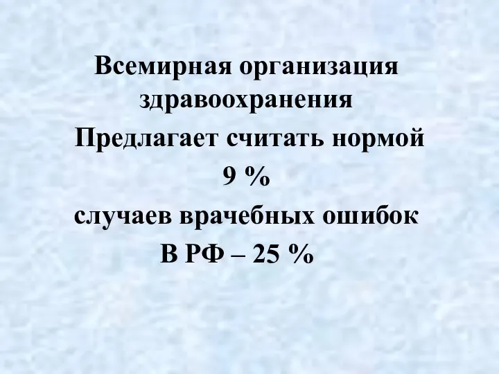 Всемирная организация здравоохранения Предлагает считать нормой 9 % случаев врачебных ошибок В РФ – 25 %