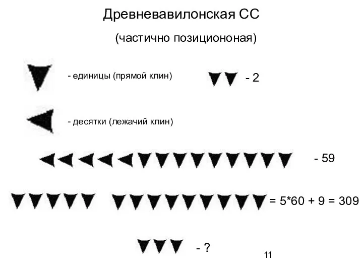 Древневавилонская СС - 2 - 59 = 5*60 + 9 = 309 (частично позициононая) - ?