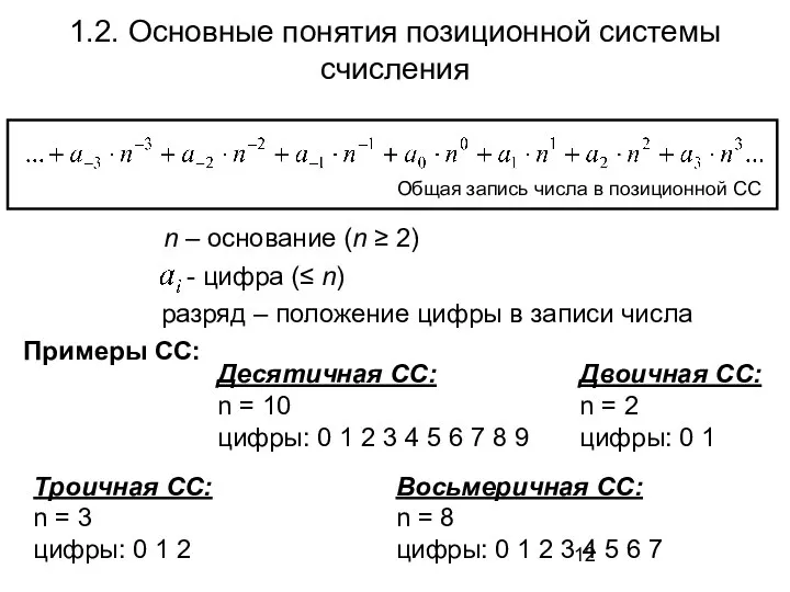 1.2. Основные понятия позиционной системы счисления Десятичная СС: n = 10