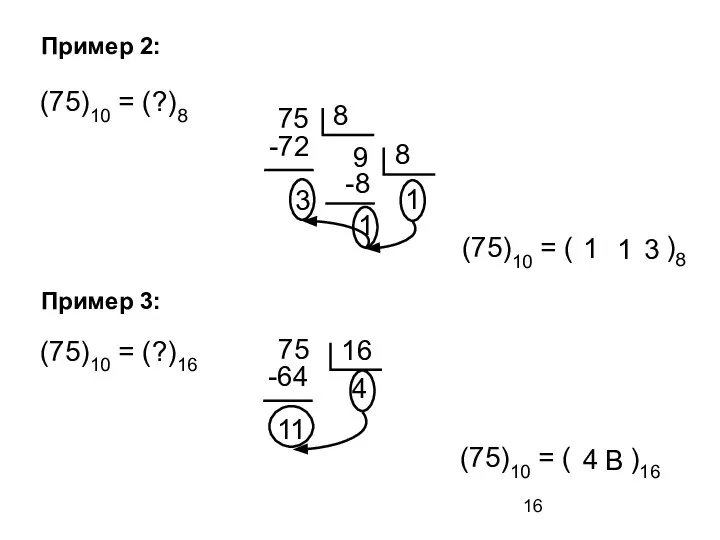 Пример 2: (75)10 = (?)8 75 -72 9 3 -8 1