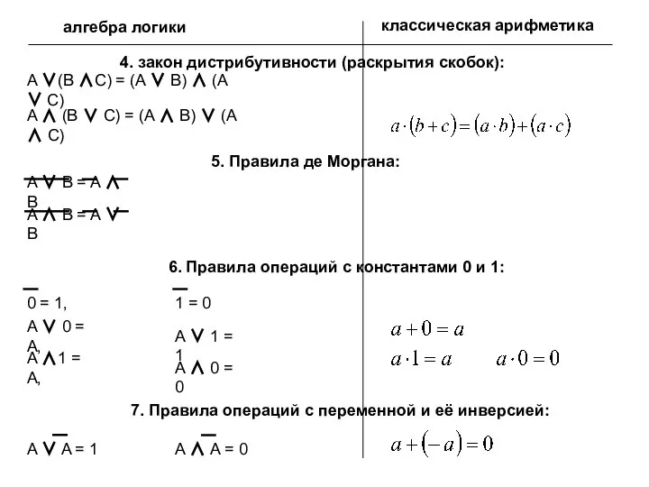 алгебра логики классическая арифметика 4. закон дистрибутивности (раскрытия скобок): A ∨(B