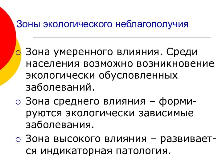 Зоны экологического неблагополучия Зона умеренного влияния. Среди населения возможно возникновение экологически