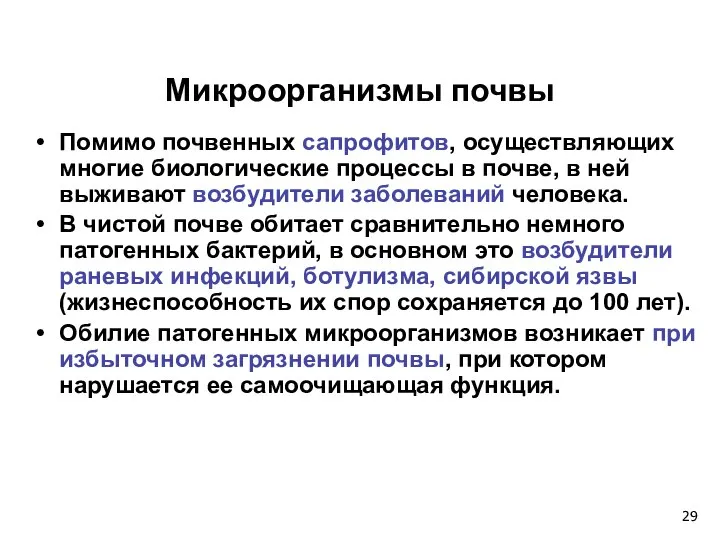 Микроорганизмы почвы Помимо почвенных сапрофитов, осуществляющих многие биологические процессы в почве,