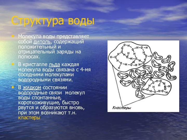 Структура воды Молекула воды представляет собой диполь, содержащий положительный и отрицательный