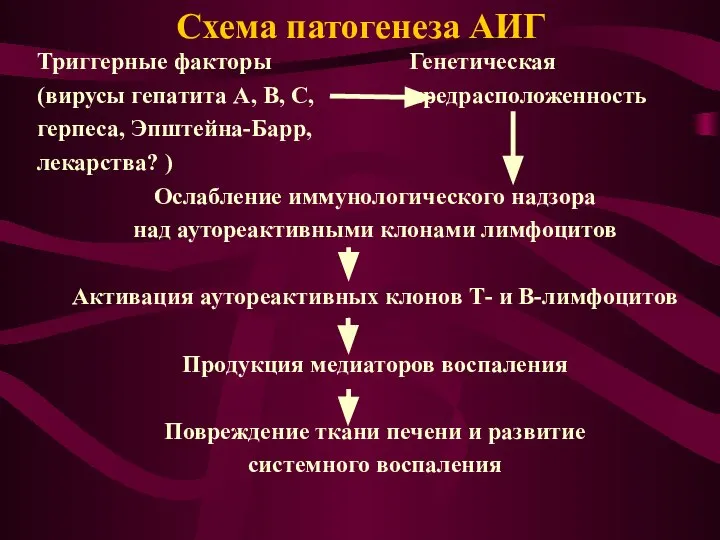 Схема патогенеза АИГ Триггерные факторы Генетическая (вирусы гепатита А, В, С,