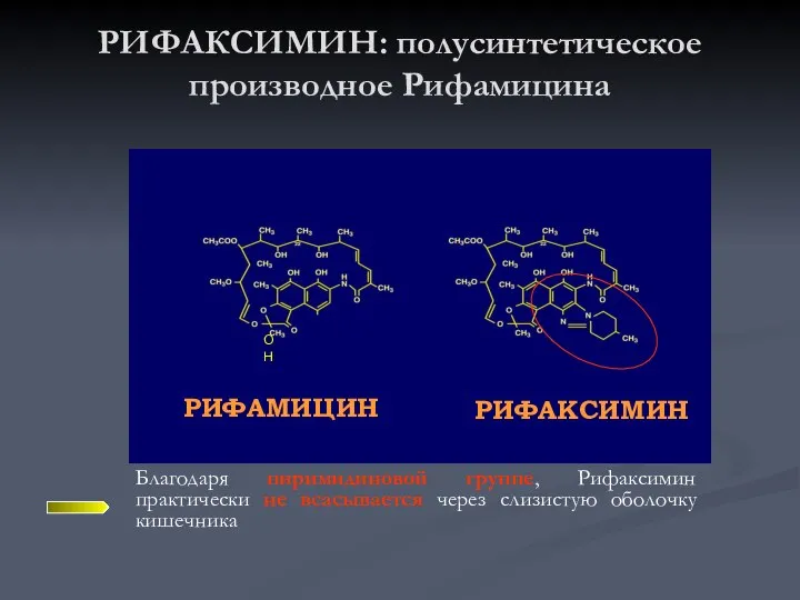 Благодаря пиримидиновой группе, Рифаксимин практически не всасывается через слизистую оболочку кишечника