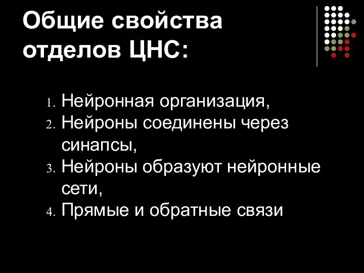 Общие свойства отделов ЦНС: Нейронная организация, Нейроны соединены через синапсы, Нейроны