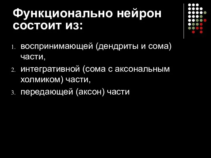 Функционально нейрон состоит из: воспринимающей (дендриты и сома) части, интегративной (сома