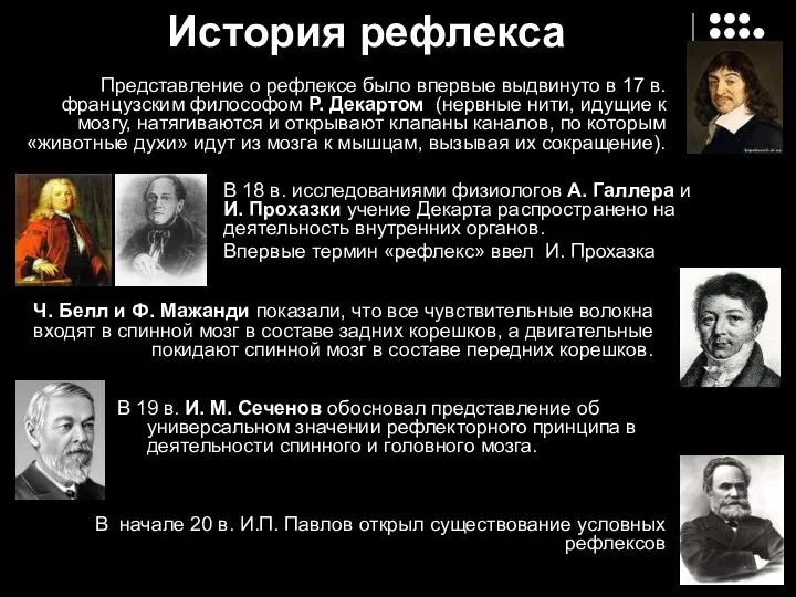 История рефлекса В 19 в. И. М. Сеченов обосновал представление об