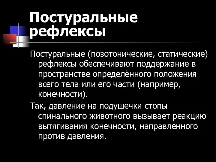 Постуральные рефлексы Постуральные (позотонические, статические) рефлексы обеспечивают поддержание в пространстве определённого