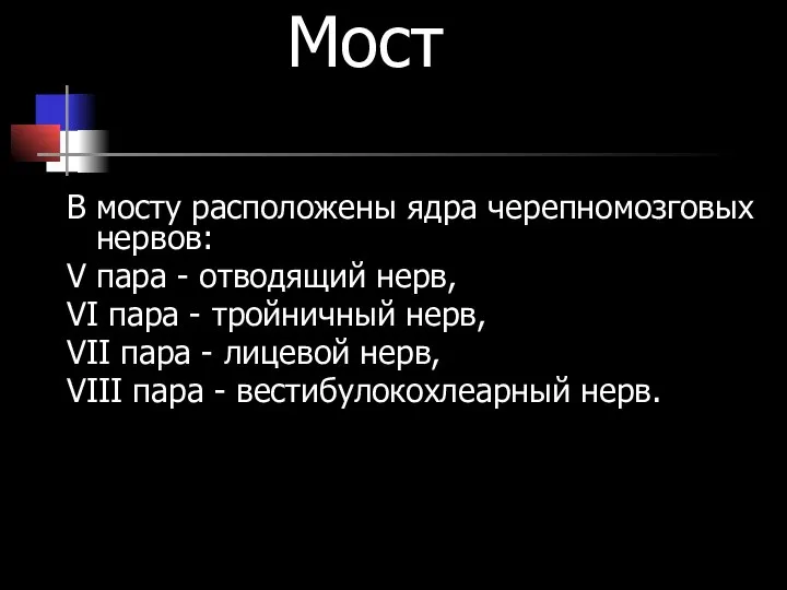 Мост В мосту расположены ядра черепномозговых нервов: V пара - отводящий