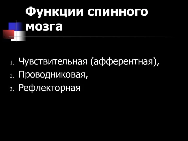 Функции спинного мозга Чувствительная (афферентная), Проводниковая, Рефлекторная