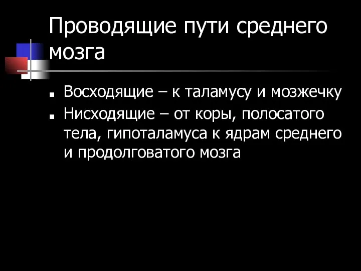 Проводящие пути среднего мозга Восходящие – к таламусу и мозжечку Нисходящие