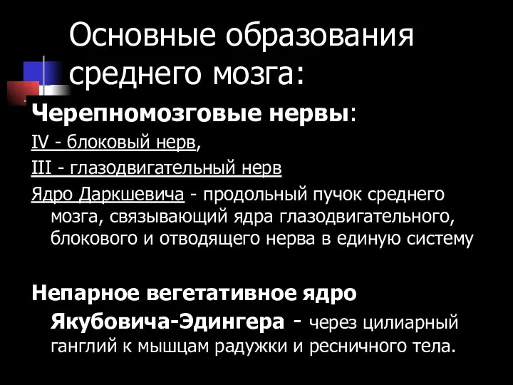 Основные образования среднего мозга: Черепномозговые нервы: IV - блоковый нерв, III