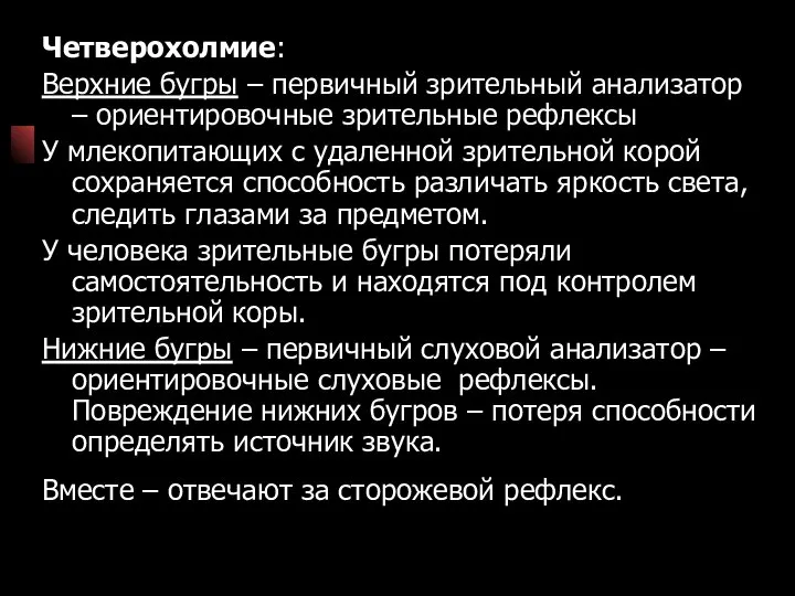 Четверохолмие: Верхние бугры – первичный зрительный анализатор – ориентировочные зрительные рефлексы