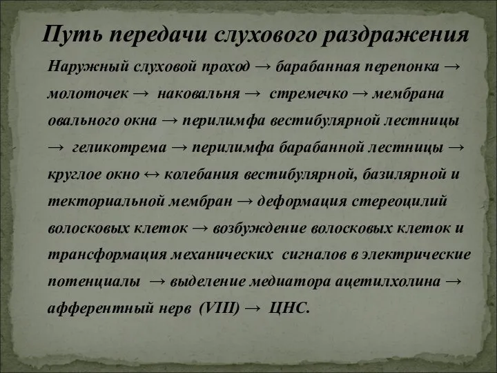 Наружный слуховой проход → барабанная перепонка → молоточек → наковальня →