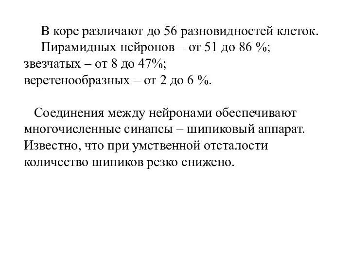 В коре различают до 56 разновидностей клеток. Пирамидных нейронов – от