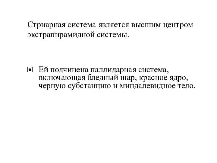 Стриарная система является высшим центром экстрапирамидной системы. Ей подчинена паллидарная система,