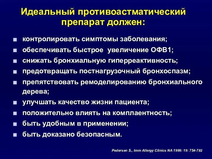 Идеальный противоастматический препарат должен: контролировать симптомы заболевания; обеспечивать быстрое увеличение ОФВ1;