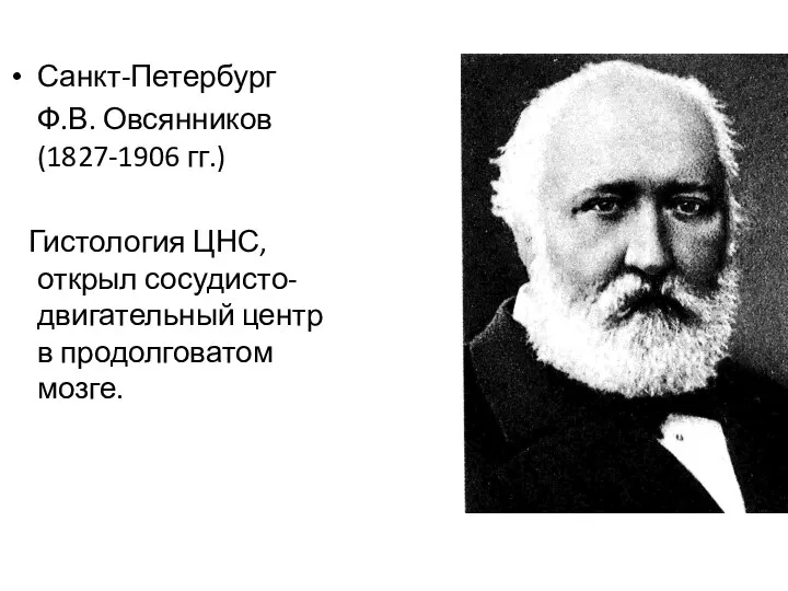 Санкт-Петербург Ф.В. Овсянников (1827-1906 гг.) Гистология ЦНС, открыл сосудисто-двигательный центр в продолговатом мозге.