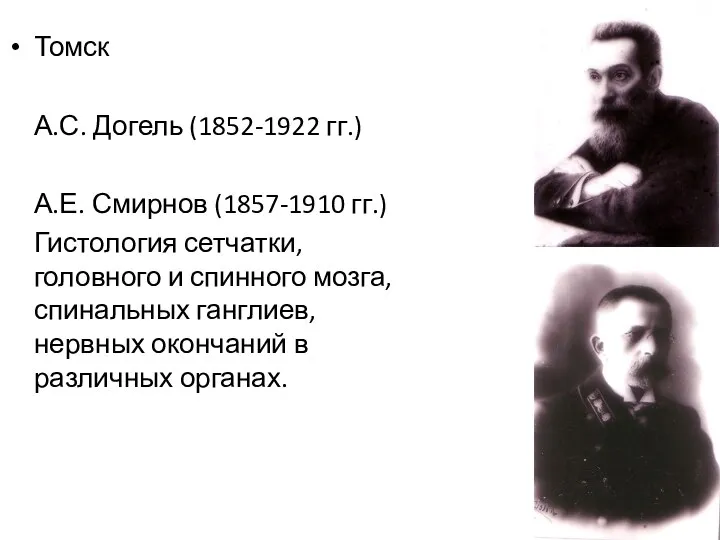 Томск А.С. Догель (1852-1922 гг.) А.Е. Смирнов (1857-1910 гг.) Гистология сетчатки,