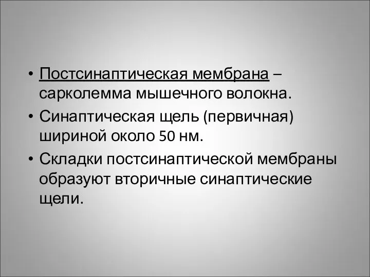 Постсинаптическая мембрана – сарколемма мышечного волокна. Синаптическая щель (первичная) шириной около