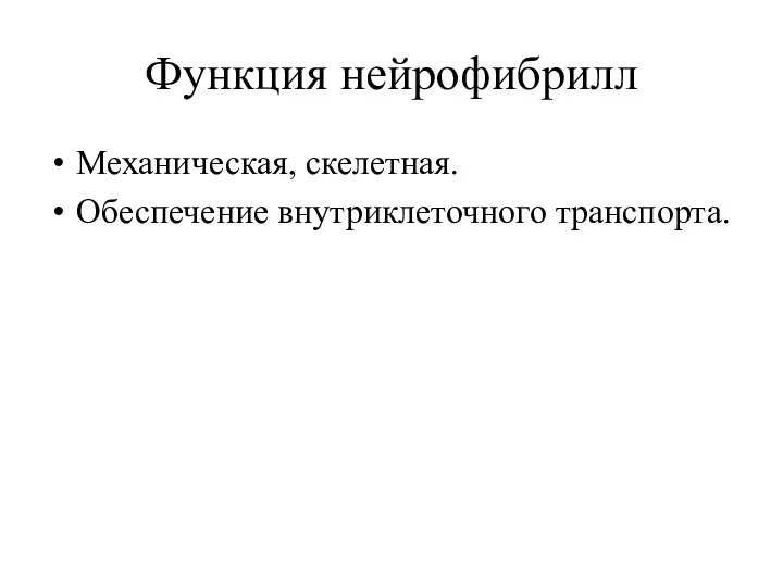 Функция нейрофибрилл Механическая, скелетная. Обеспечение внутриклеточного транспорта.