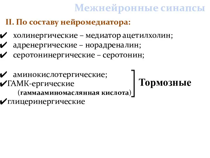 Межнейронные синапсы холинергические – медиатор ацетилхолин; адренергические – норадреналин; серотонинергические –