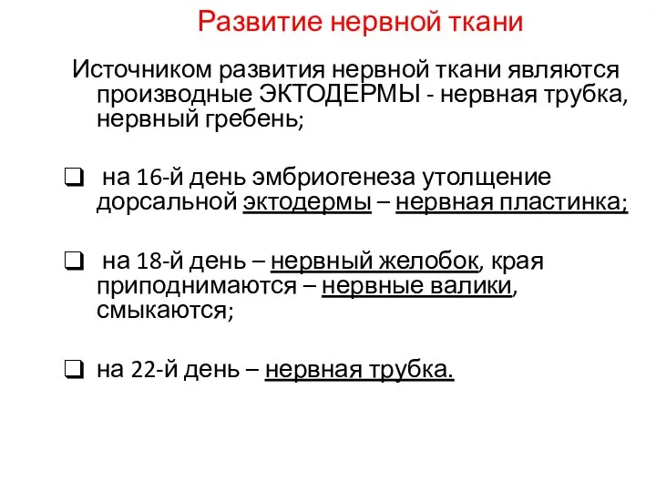 Развитие нервной ткани Источником развития нервной ткани являются производные ЭКТОДЕРМЫ -