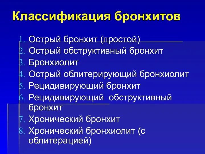 Классификация бронхитов Острый бронхит (простой) Острый обструктивный бронхит Бронхиолит Острый облитерирующий