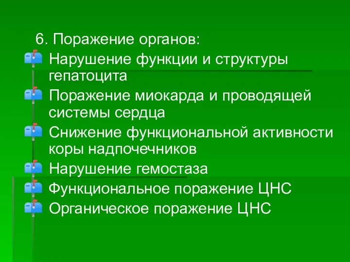 6. Поражение органов: Нарушение функции и структуры гепатоцита Поражение миокарда и