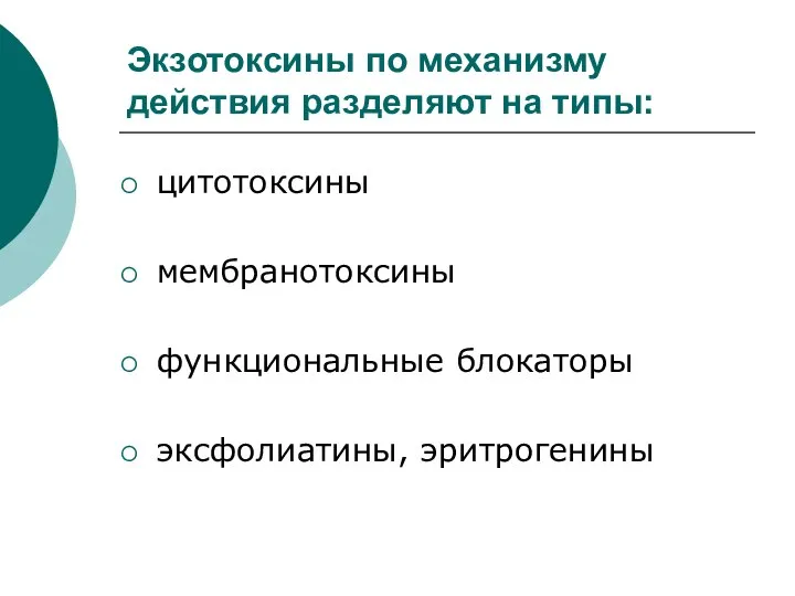 Экзотоксины по механизму действия разделяют на типы: цитотоксины мембранотоксины функциональные блокаторы эксфолиатины, эритрогенины