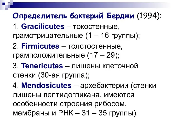 Определитель бактерий Берджи (1994): 1. Gracilicutes – токостенные, грамотрицательные (1 –