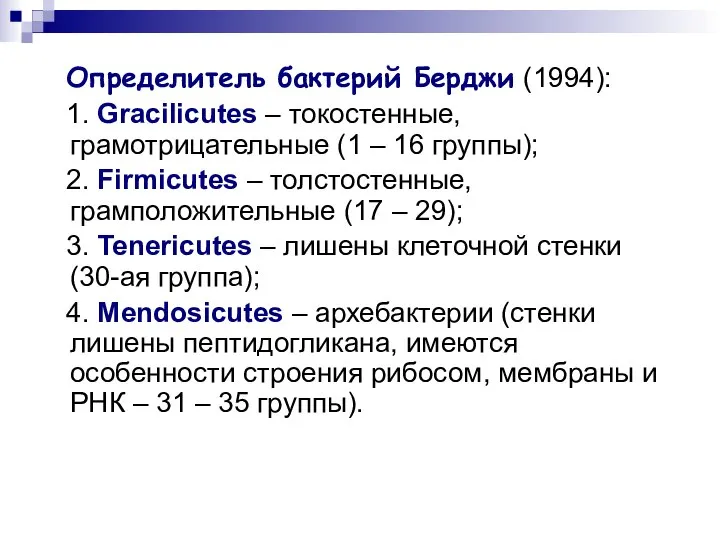 Определитель бактерий Берджи (1994): 1. Gracilicutes – токостенные, грамотрицательные (1 –