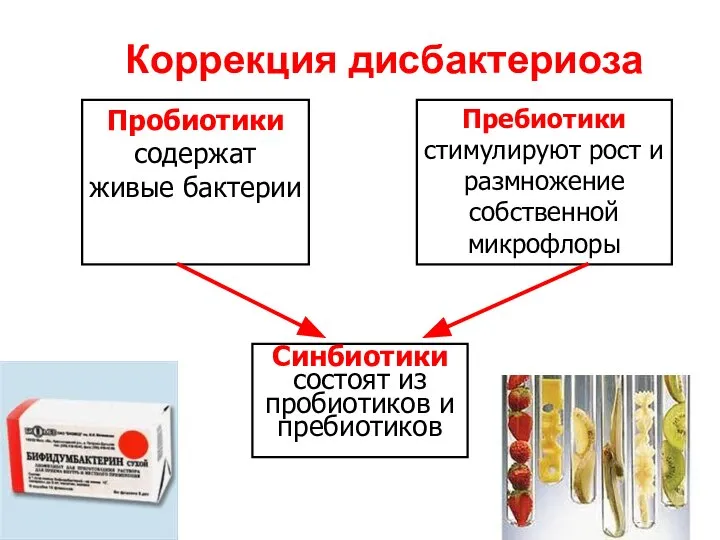 Коррекция дисбактериоза Пробиотики содержат живые бактерии Пребиотики стимулируют рост и размножение