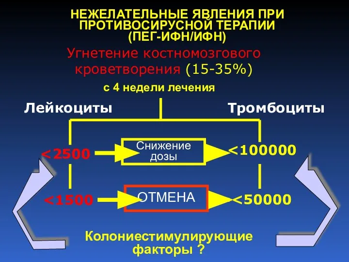 НЕЖЕЛАТЕЛЬНЫЕ ЯВЛЕНИЯ ПРИ ПРОТИВОСИРУСНОЙ ТЕРАПИИ (ПЕГ-ИФН/ИФН) Угнетение костномозгового кроветворения (15-35%) с