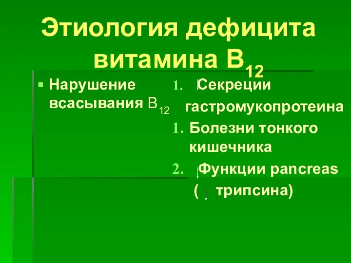 Этиология дефицита витамина B12 Нарушение всасывания B12 Секреции гастромукопротеина Болезни тонкого кишечника Функции pancreas ( трипсина)